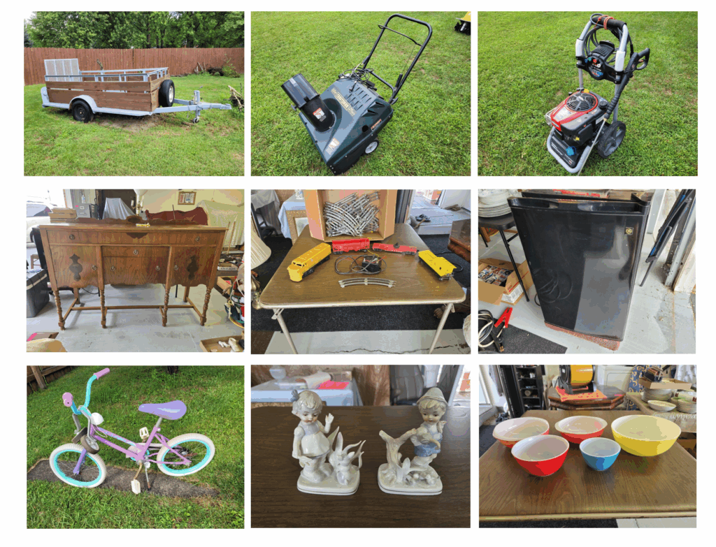 4×8 Trailer, Antique Furniture and Collectibles, Vintage Clocks, Trains and Toys, Power and Hand Tools, Snow blower & Trimmer