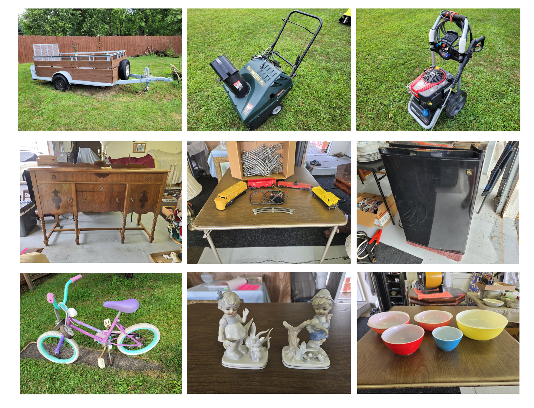 4x8 Trailer, Antique Furniture and Collectibles, Vintage Clocks, Trains and Toys, Power and Hand Tools, Snow blower & Trimmer