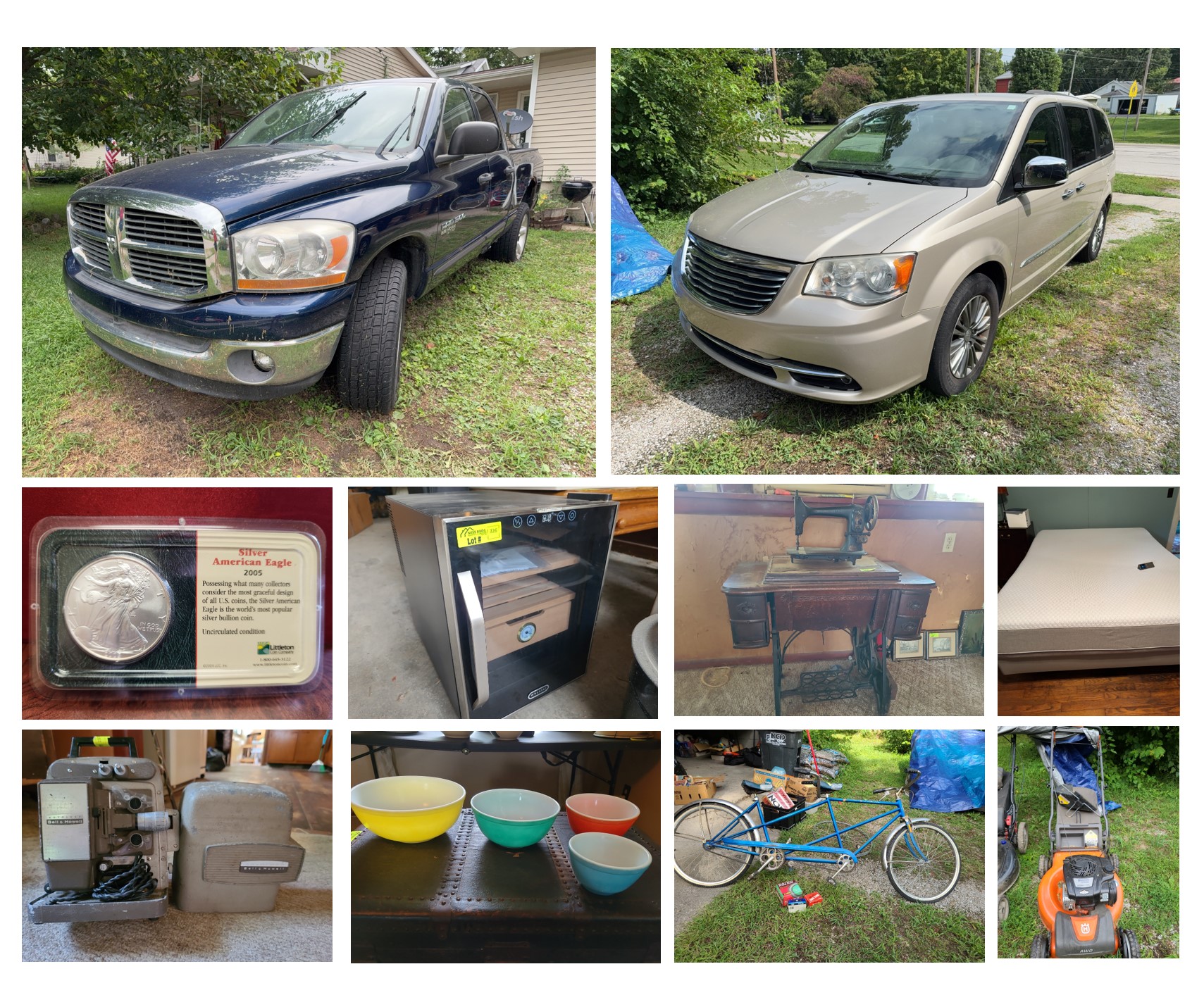 2014 Chrysler Town & Country, 2004 Dodge Ram Truck, Coins, Sleep Number Bed, Antique Furniture & Collectibles, Glassware, Toys, Records, Mowers, Tools and More