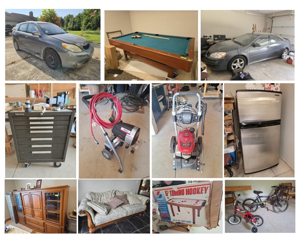 2005 Toyota Matrix, 2009 Pontiac G6, Pool & Air Hockey Tables, Lawn Mowers, Air Compressors, Heavy Tools, Power Tools, Household Furniture, Appliances and More