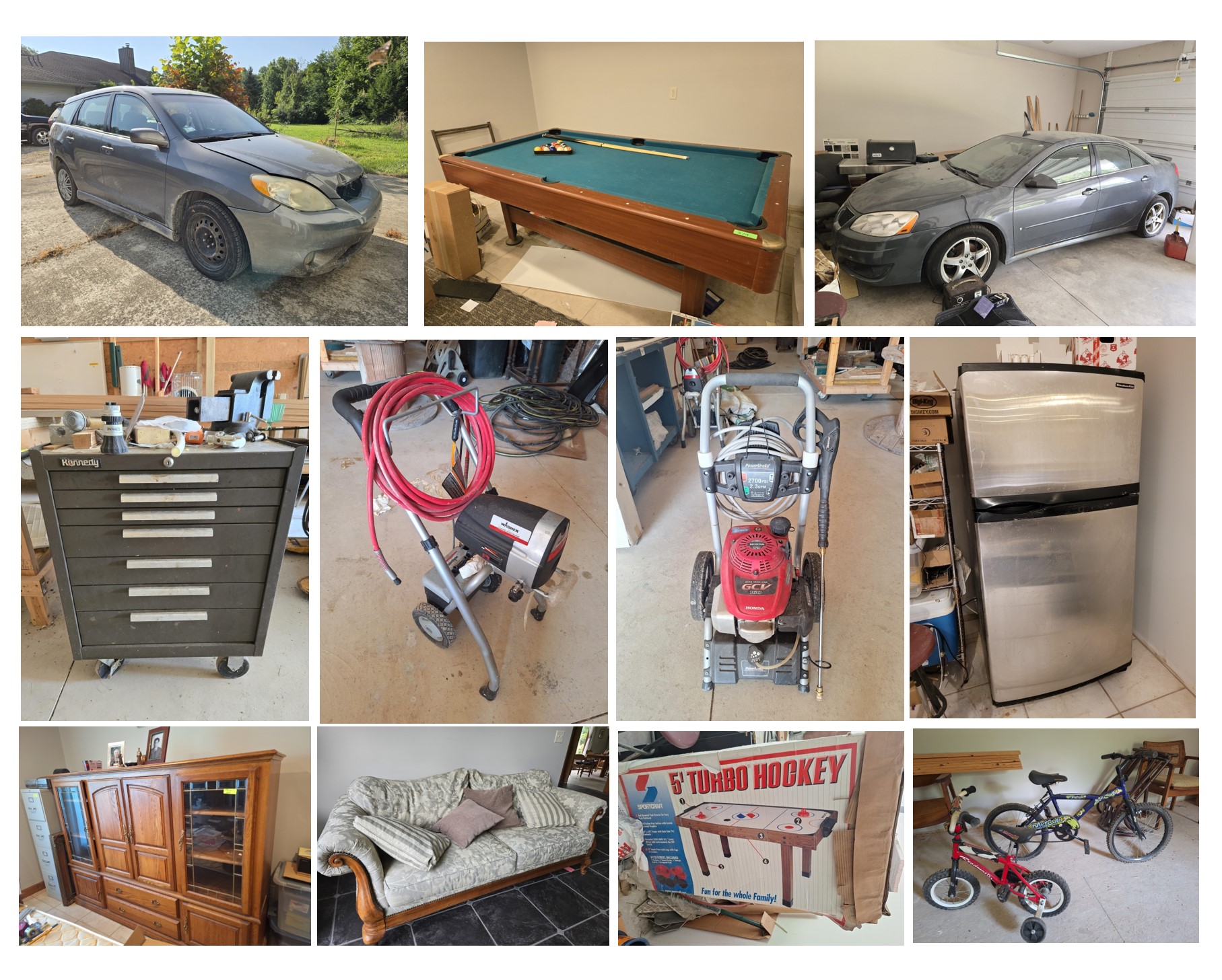 2005 Toyota Matrix, 2009 Pontiac G6, Pool & Air Hockey Tables, Lawn Mowers, Air Compressors, Heavy Tools, Power Tools, Household Furniture, Appliances and More