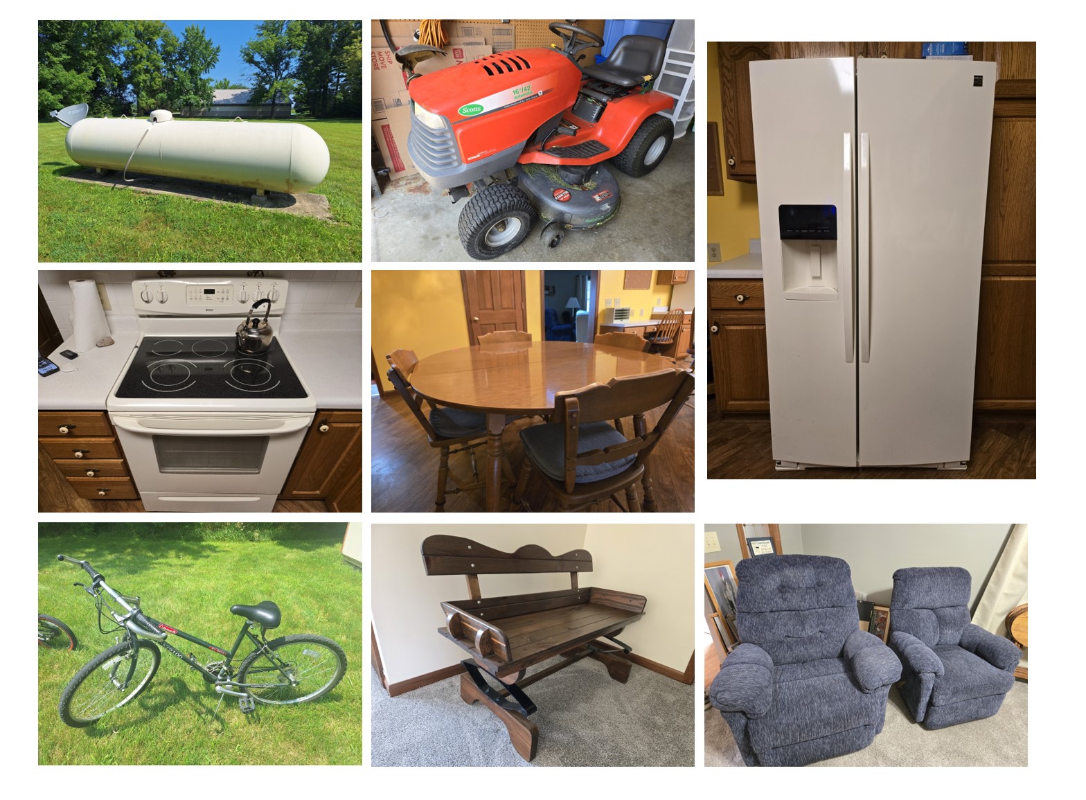 500 & 1000 gallon Propane Tanks, Mowers, Tools, Appliances, & Household