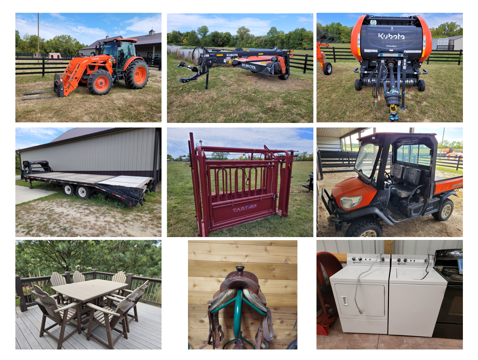 2021 Kubota Tractor & Attachments, Tandem Trailer, 2013 Kubota Utility Trailer, Farm Equipment, Western Saddles, Power Tools. Lots of Poly Adirondack Furniture and More