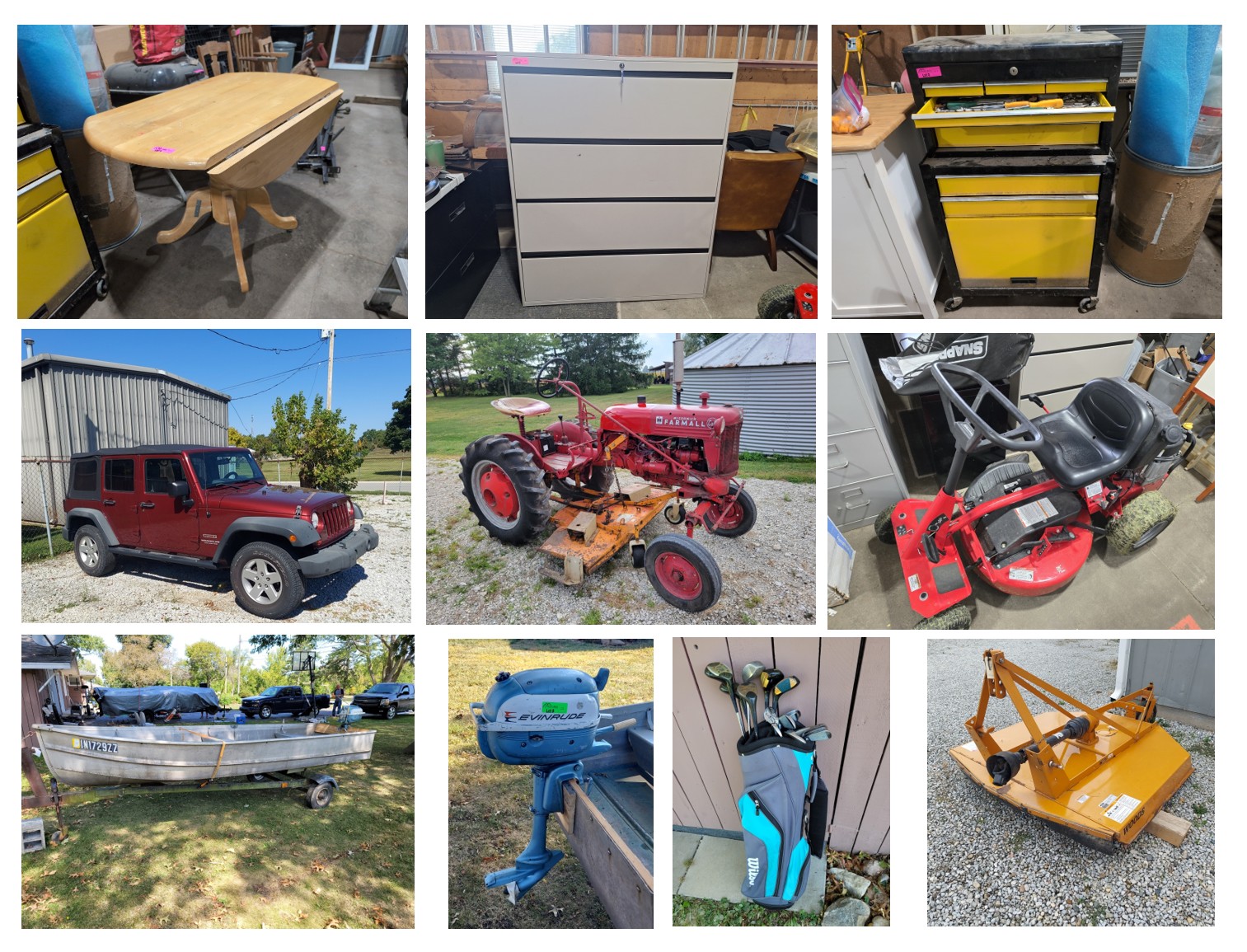 2010 Jeep Wrangler, 1953 Farmall Tractor, Several Aluminum Fishing Boats, Motors, Trolling Motors, Tackle and Gear, Many Golf Clubs & Equipment, Outdoor Items and More