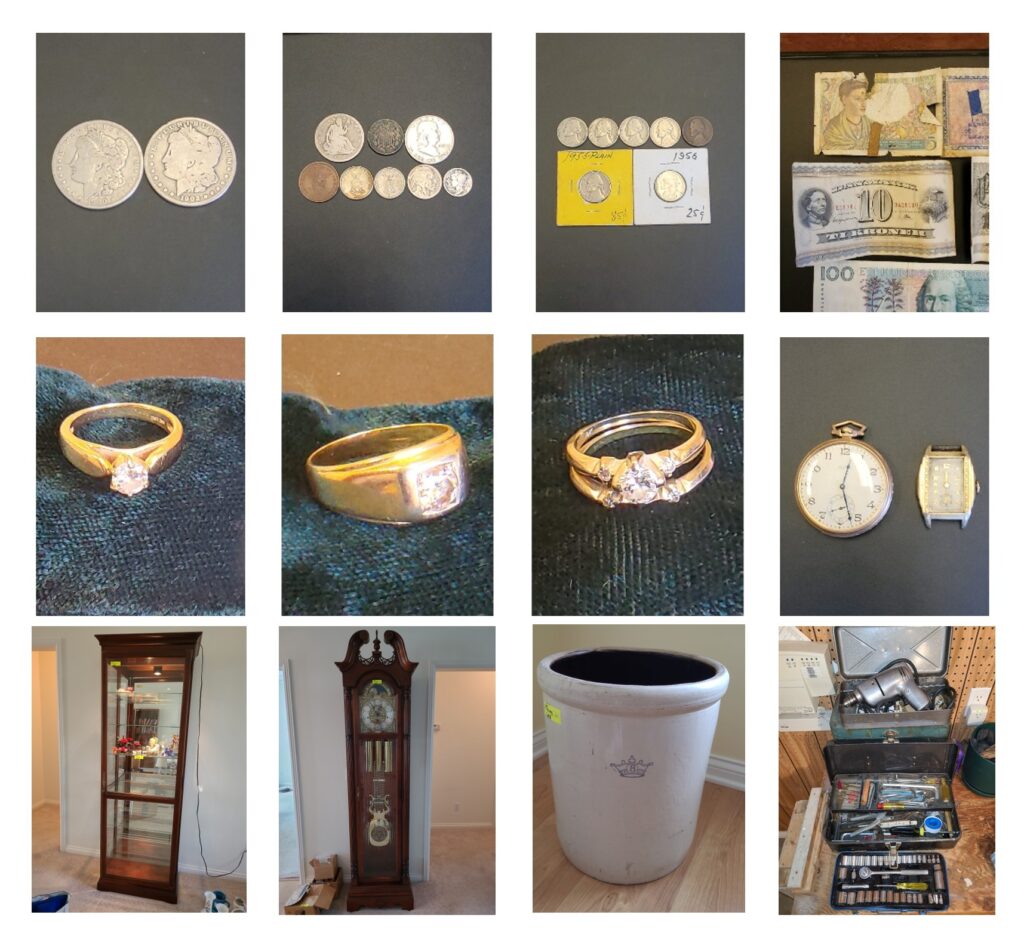 Large Coin Collection, Diamond and Gold Rings, Vintage Furniture, Collectibles, Kitchenware’s and Tools