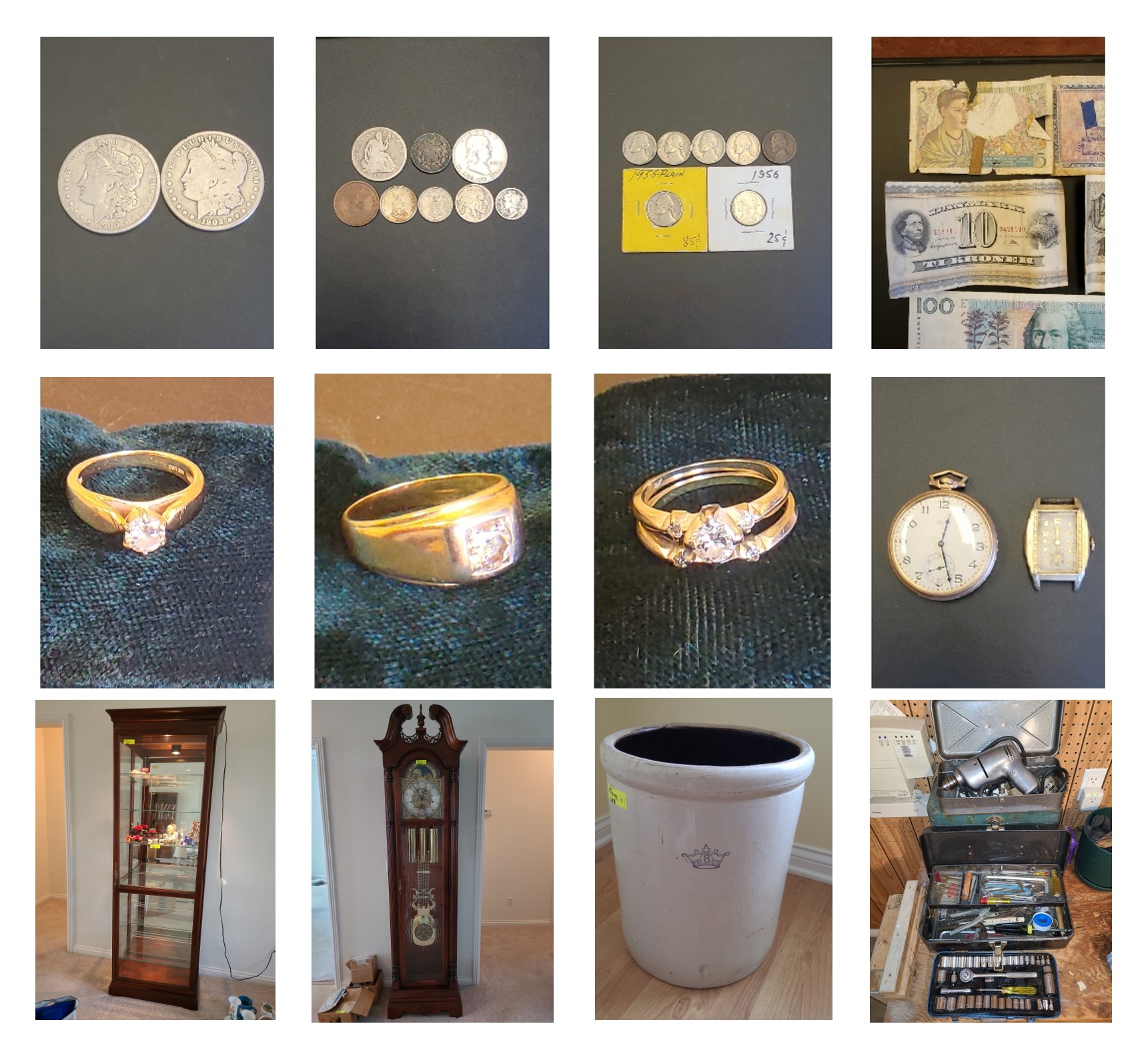 Large Coin Collection, Diamond and Gold Rings, Vintage Furniture, Collectibles, Kitchenware's and Tools