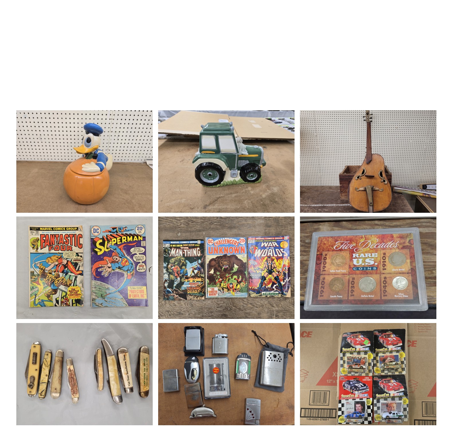 100+ Collectible Cookie Jars, 100+ Comic Books, Many Nascar & Matchbox Die Cast Cars, Vintage Cameras & Toys, Collectible Pocket Knives & Coins