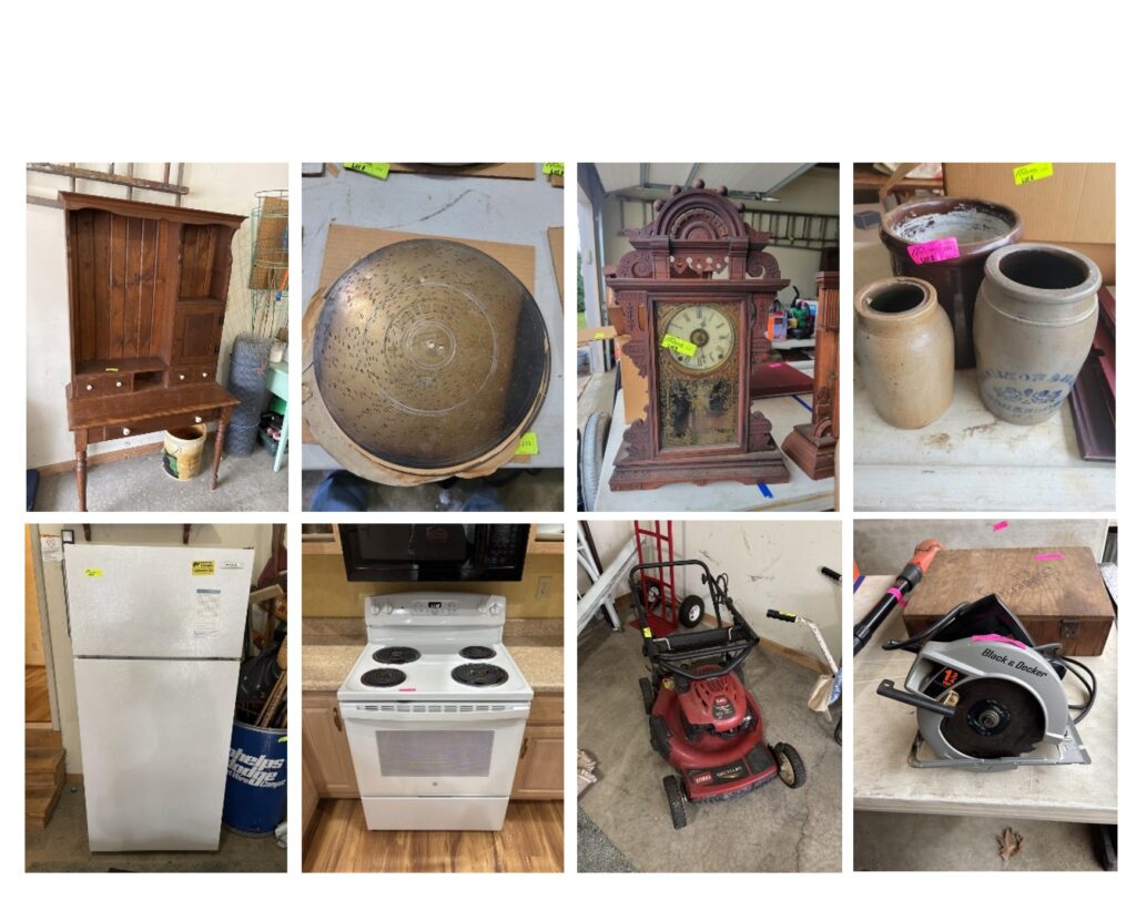 Antique Furniture, Clocks, Crocks, Glassware, Appliances, Home Decor, Lawn Mower, Tools and More