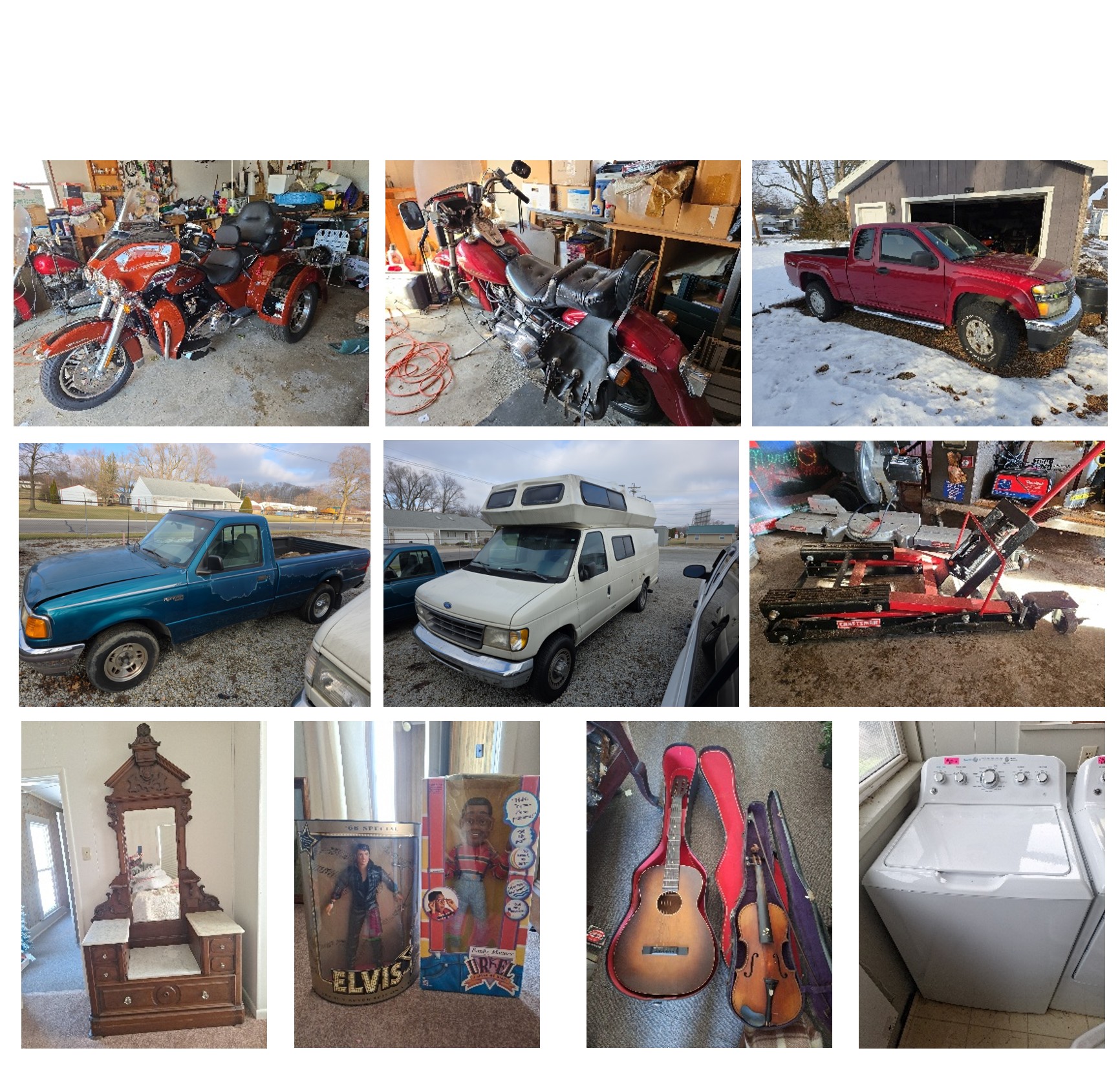Harley Davidson Motorcycles, Pickup Trucks, Camper, Antique Furniture, Vintage Collectibles, Tools, Appliances and More