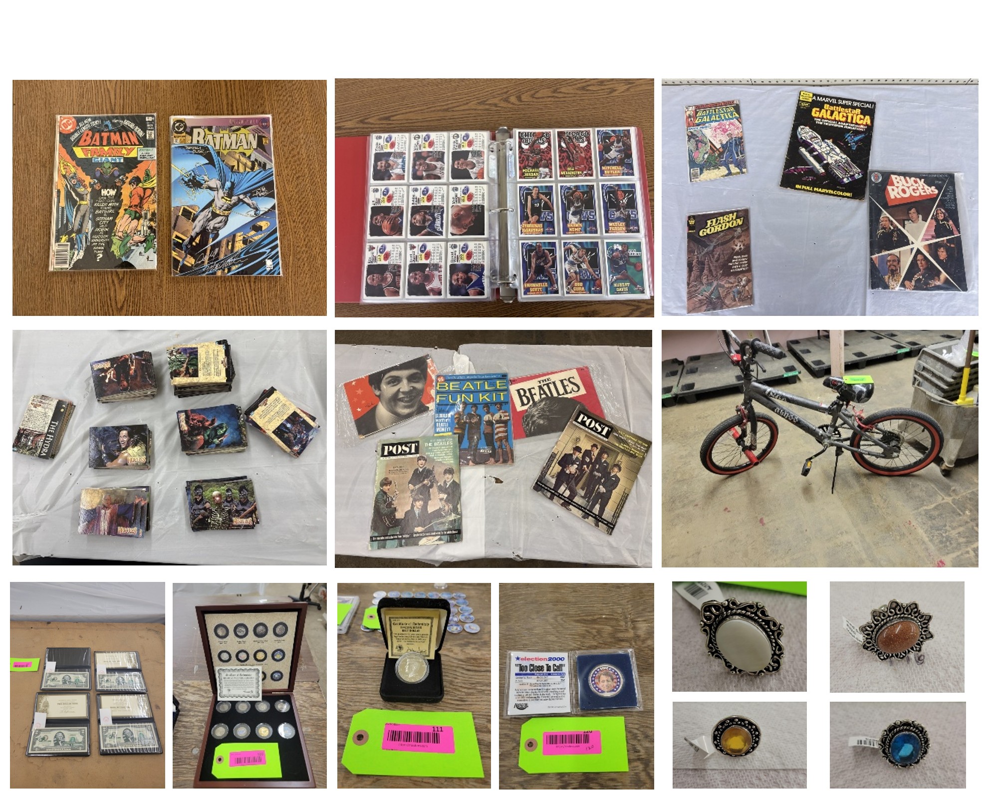 TONS of Comics, Coins, Trading Cards, Magazines, Gemstone Rings, Household and Tools, Bicycle and More