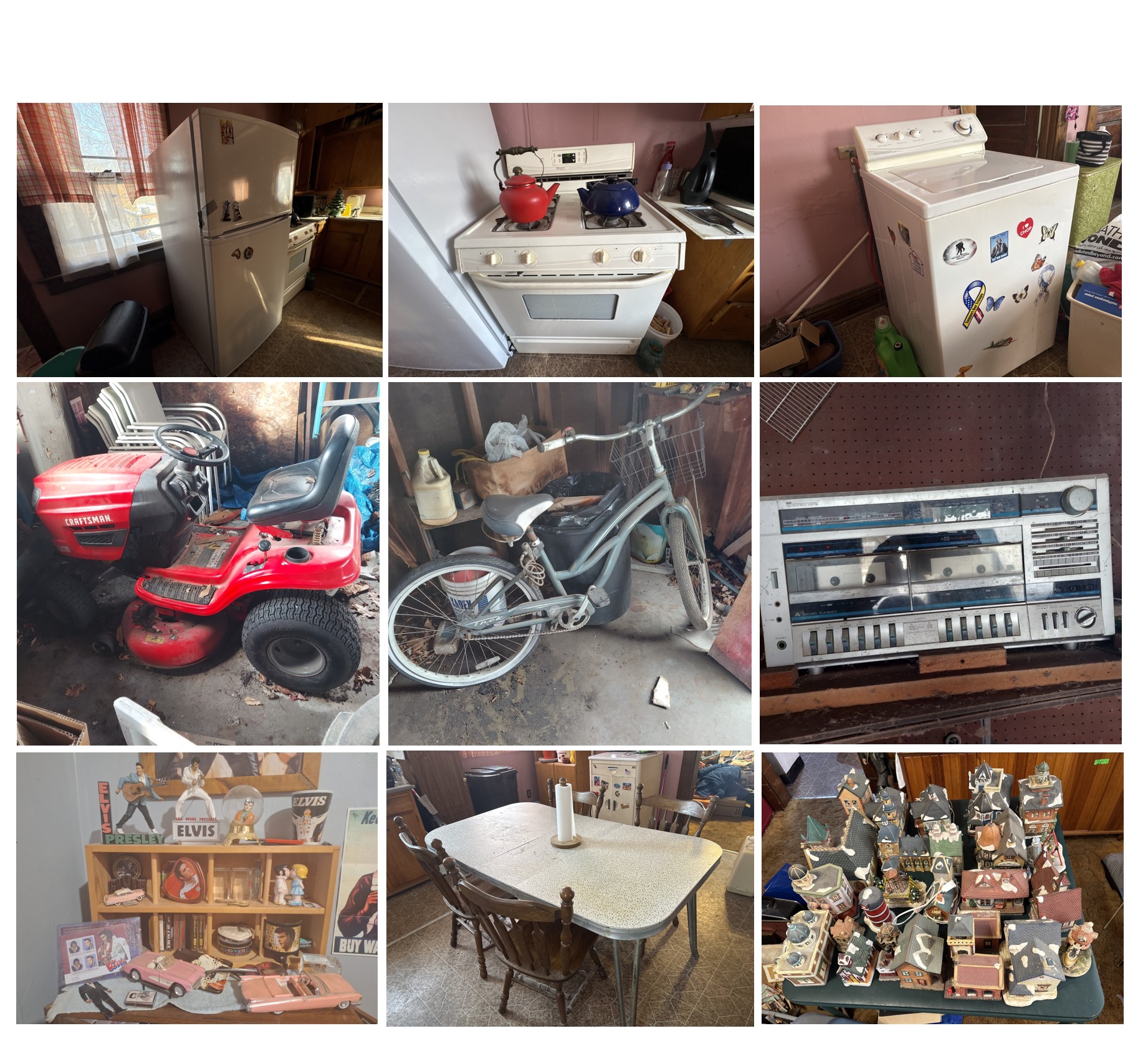 Appliances, Household Furniture, Vintage Games, Electronics, Magazines and Books, Collectible Dolls, Plates, Lighthouses, Bicycle, Garden Tractor and More.