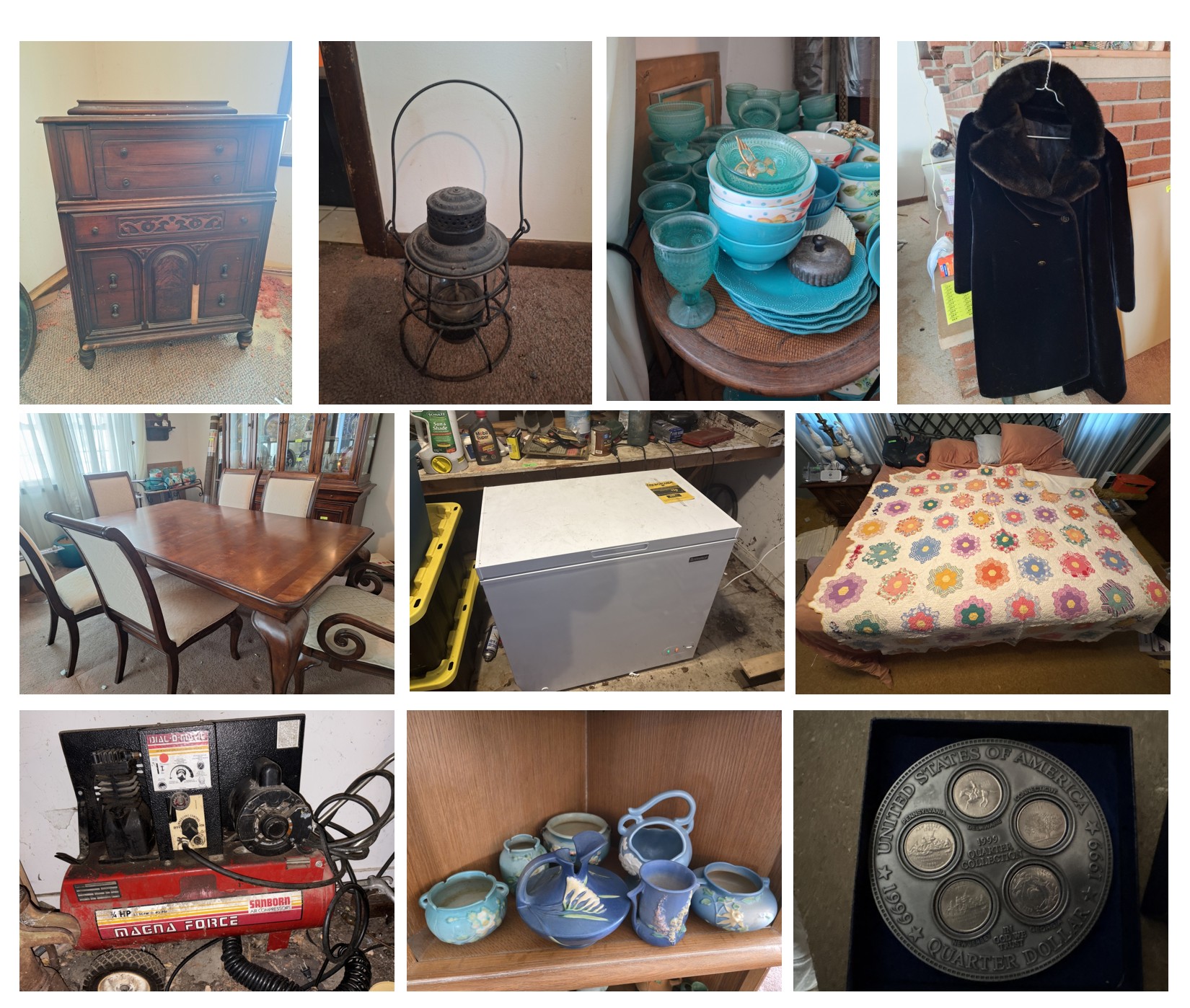 Household Furniture and Decor, Kitchenwares, Railroad & Oil Lanterns, Hull Pottery,  Cast Iron, Quilts, Tools, Vintage Toys and Clocks