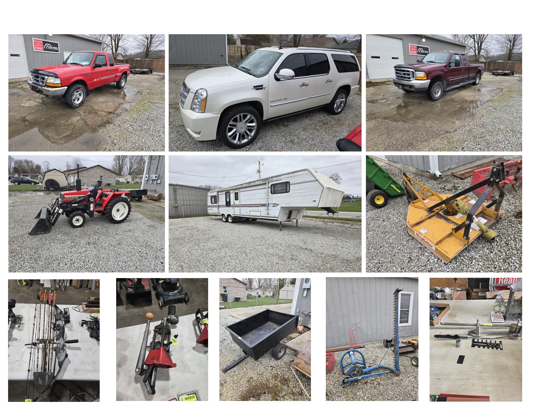 2011 Cadillac Escalade, 1999 Ford Ranger, 1999 Ford F250, 1990 Kountry Star RV, Myanmar F18D Tractor, Lawn Equipment, Golf Club and Bullet Making Tools, Household Items and Tools