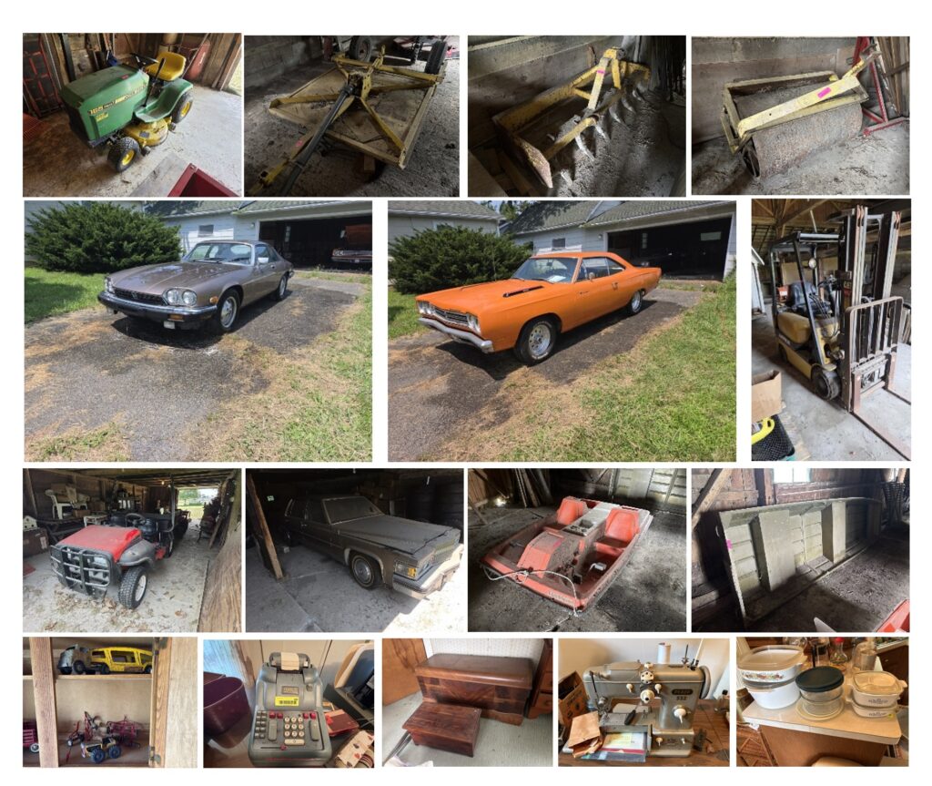 1985 Jaguar XJS V12, 1969 Plymouth Road Runner 383, 1978 Cadillac Deville 425, Side-by-side 4×4, Riding Mowers, Caterpillar Forklift, Heavy Farm Equipment, Tools, Household Furniture, Vintage & Collectibles