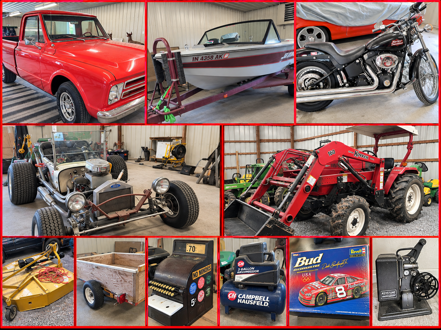 1968 Chevy C10, 1985 Ski-Nautique Boat, 200 Harley Davidson XTB, Go Cart, Koyker Farm Pro Tractor, Heavy Equipment, Trailer, Tools, Sporting Gear, Household & Nascar Die Cast