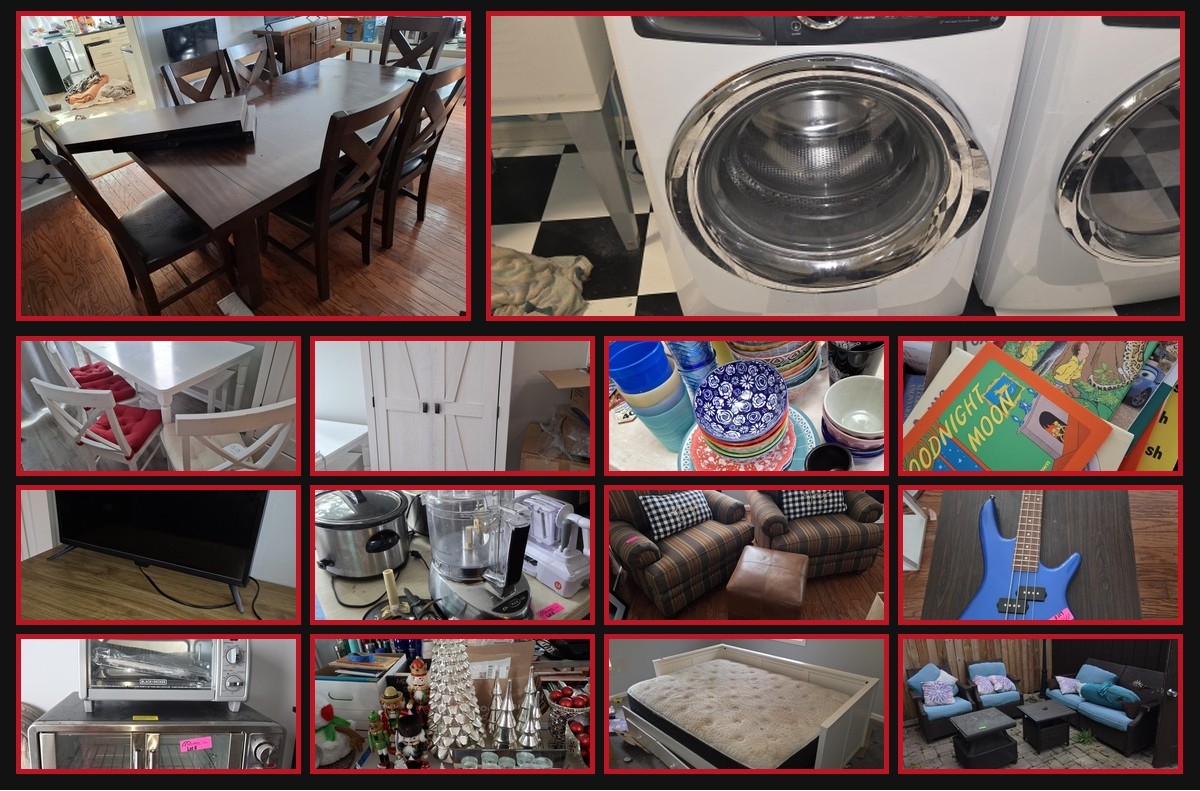Estate: quality furniture, Electrolux washer & dryer, TVs, Ibanez Bass Guitar, kitchenwares, fitness equipment, books, costume jewelry, holiday décor, patio furniture, and much more.