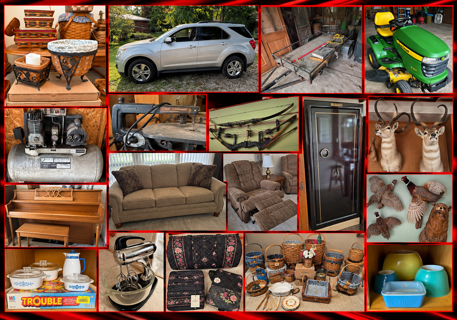 Chevy Equinox, John Deere X300, HUGE Longaberger Collection, Tools, Hunting & Fishing Gear, Taxidermy, Household Furniture, Antiques & More!