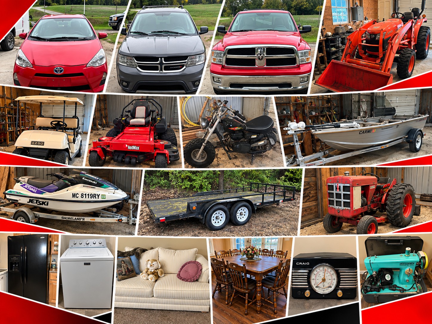 HUGE ESTATE: 2012 Toyota Prius, 2012 Dodge Journey, 2010 Dodge Ram 1500, Kubota Tractor, Golf Carts, Fishing Boat, Trailers, Heavy Equipment & Tools, Vintage Collectibles and Household